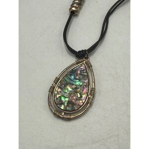 AM SOHO Abalone Shell Teardrop Pendant Necklace Wire Wrapped Cord Boho Silver